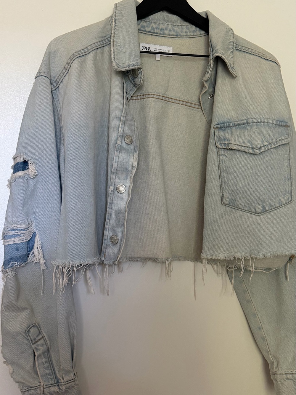 Zara Light Blue Cropped Distressed Denim Jacket